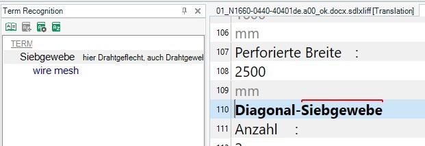 Trados Studio interface showing a term recognition pane with 'Siebgewebe' translated as 'wire mesh' and a highlighted term 'Diagonal-Siebgewebe' in the translation editor.