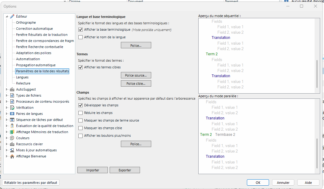 Screenshot of the Options window showing settings for terminology base language and term display, with options for sequential and parallel modes.