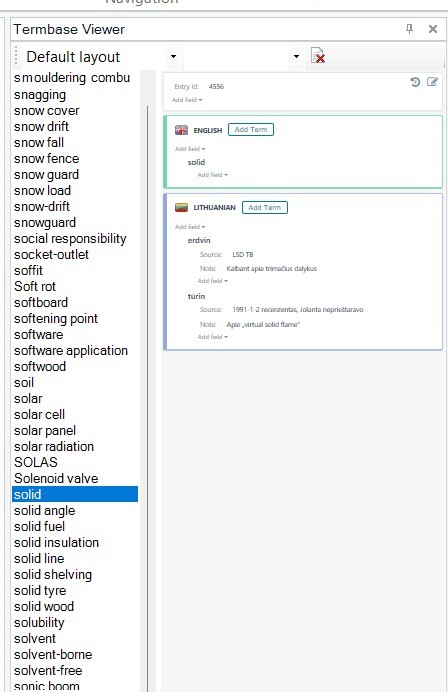 Termbase Viewer displaying the term 'solid' in English and its Lithuanian translation with additional details such as source and note.