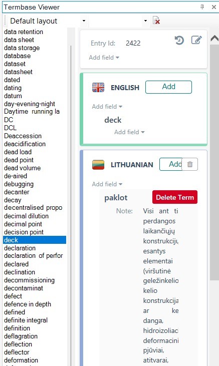 Termbase Viewer showing the term 'deck' in English and its Lithuanian translation 'paklot' with a red 'Delete Term' button.
