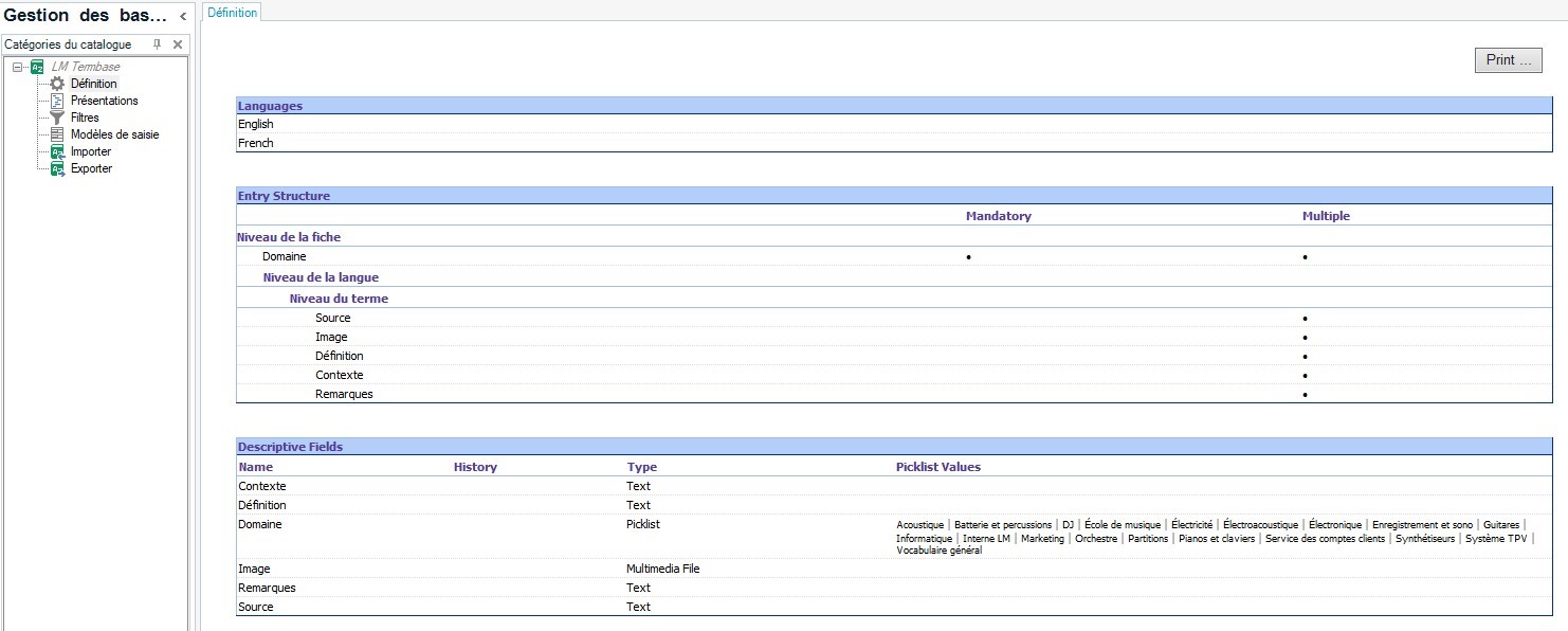 Screenshot of the Gestion des bases interface showing languages, entry structure, and descriptive fields with options for English and French.
