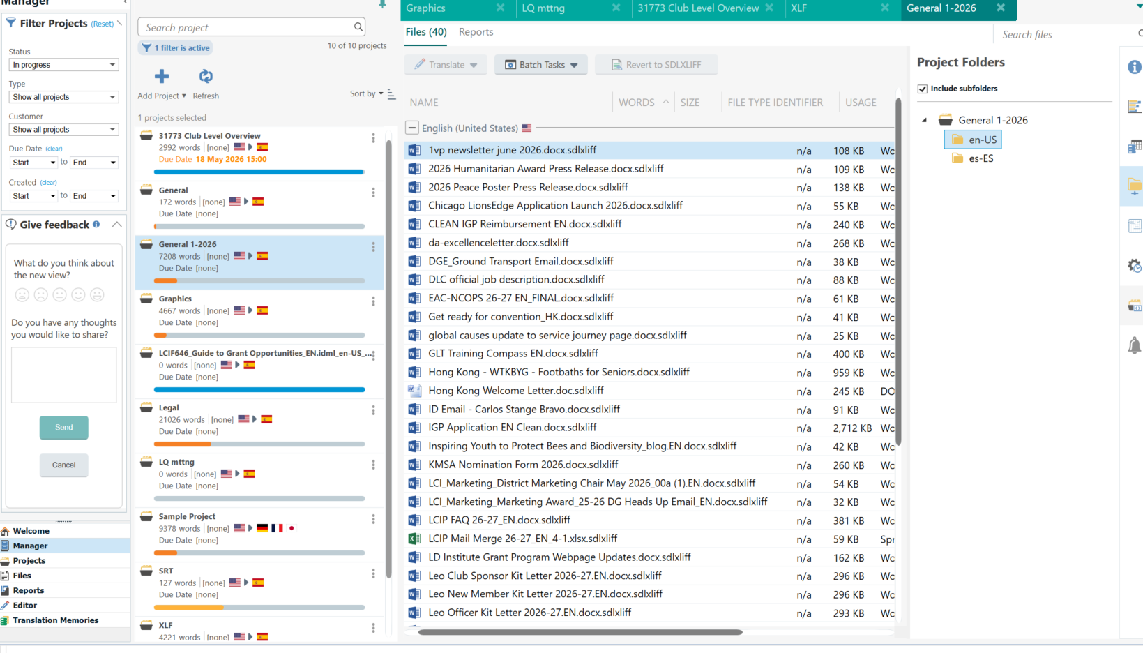 Screenshot of Trados Studio Manager view showing a list of projects on the left and files in the General 1-2026 folder on the right. The en-US folder is expanded, displaying multiple files.