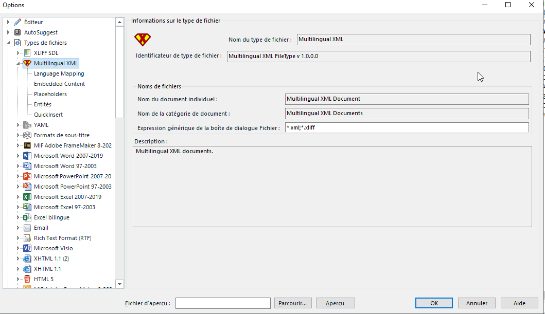 Trados Studio file type options window showing an error icon next to Multilingual XML file type with fields for file names and description.