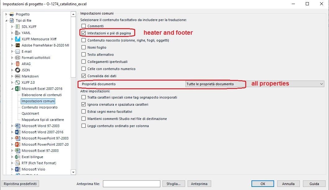 Screenshot of Trados Studio project settings highlighting 'header and footer' option checked under 'common settings'.