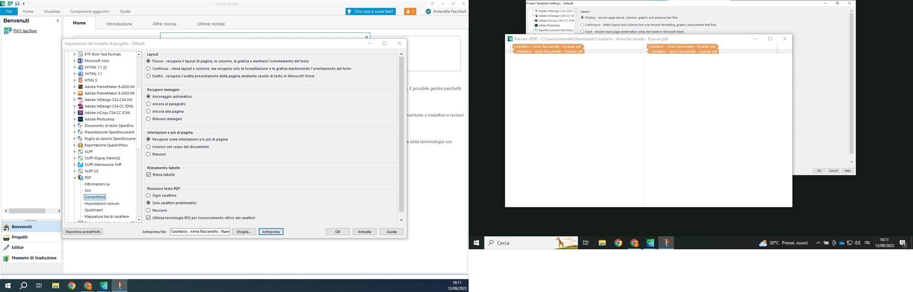 Trados Studio project template settings window showing options for file types and layout recovery.
