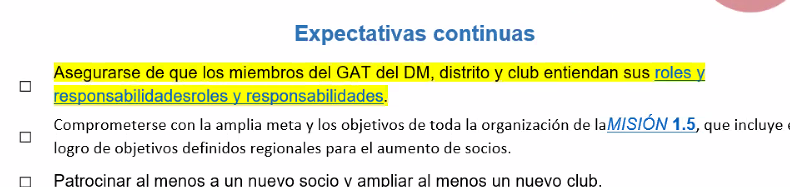 Screenshot of a translated bulleted list in a document with hyperlinked text, showing the sentence 'Asegurarse de que los miembros del GAT del DM, distrito y club entiendan sus roles y responsabilidades.'