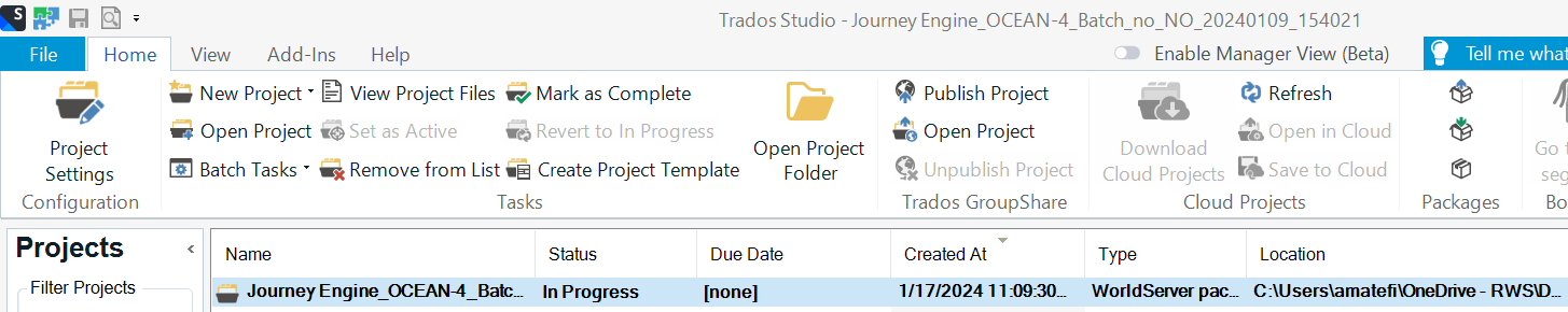Trados Studio interface showing a project named 'Journey Engine_OCEAN-4_Batch_no_NO_20240109_154021' with status 'In Progress', no due date, created on '1172024 11:09:30'. Menu options and project details are visible.