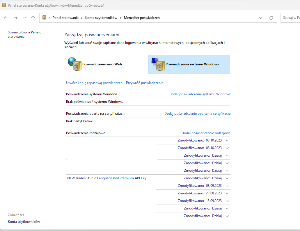 Windows Credential Manager screen showing no system credentials and a new entry for Trados Studio LanguageTool Premium API Key.