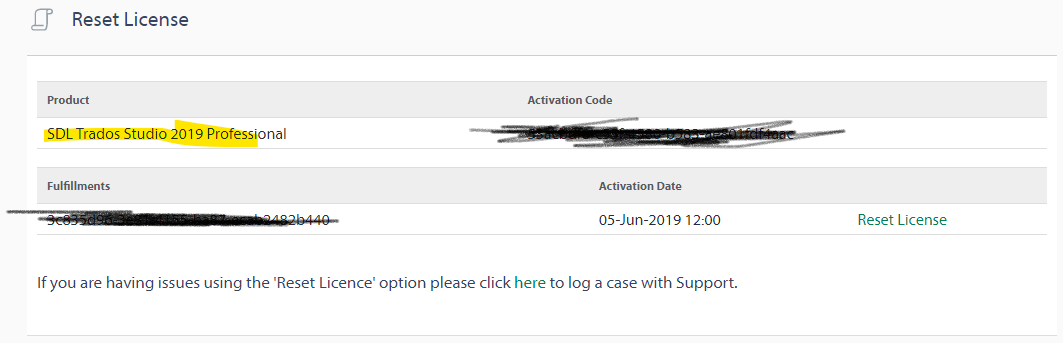 Trados Studio reset license page showing product name SDL Trados Studio 2019 Professional, obscured activation code, and activation date with a reset license button and a note to contact support if issues arise.
