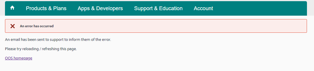 Error message on Trados Studio website stating 'An error has occurred' with instructions to email support, reload or refresh the page, and a link to the homepage.