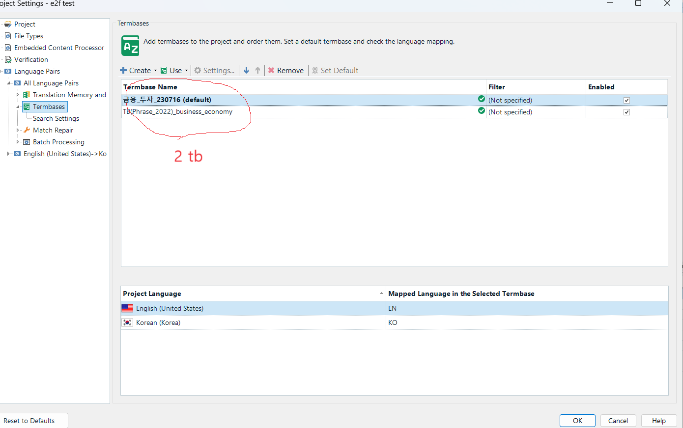 Trados Studio project settings window showing two term bases listed, with the first one marked as default and a red circle highlighting the number '2 tb'.