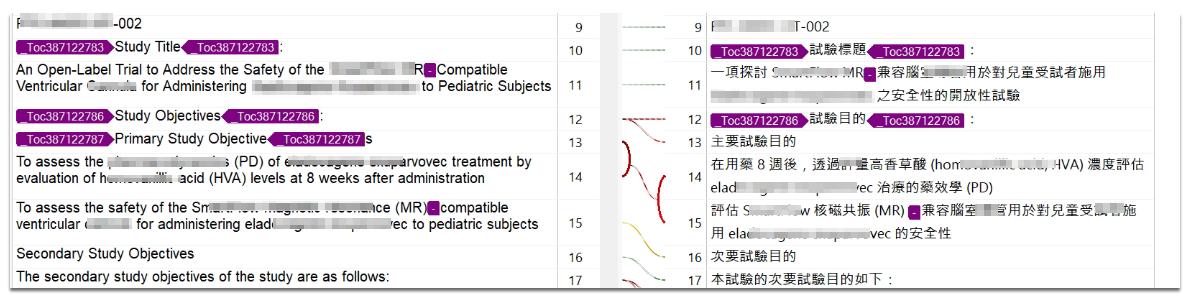 Screenshot of Trados 2017 SR1 14.1.10018.54792 alignment output showing poor alignment with many segment reconnects required.
