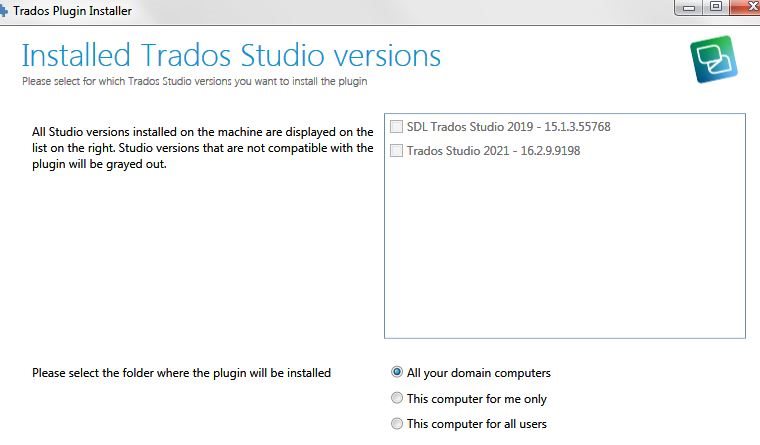 Screenshot of Trados Plugin Installer showing 'SDL Trados Studio 2019' and 'Trados Studio 2021' with no option for Trados Studio 2022.