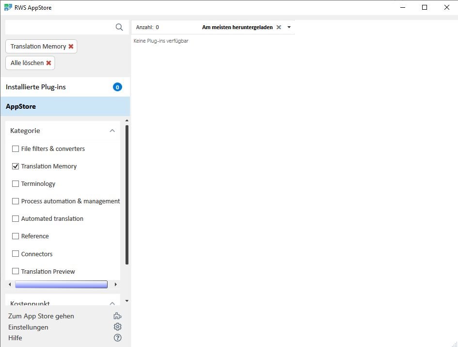 Screenshot of Trados Studio AppStore with no plugins available. The message 'Keine Plug-ins verfugbar' is displayed, indicating no plugins found.