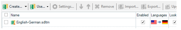 Screenshot of Trados Studio project settings with an English-German translation memory selected, showing enabled languages.