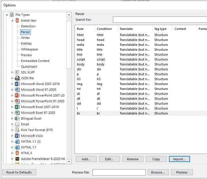 Trados Studio parser settings for a custom HTML filetype showing rules for elements like html, head, meta, title, and strong with their conditions and tag types.