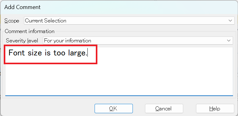 Screenshot of the Add Comment window in Trados Studio 2024 SR1, showing a comment box with the text 'Font size is too large.' highlighted in red.