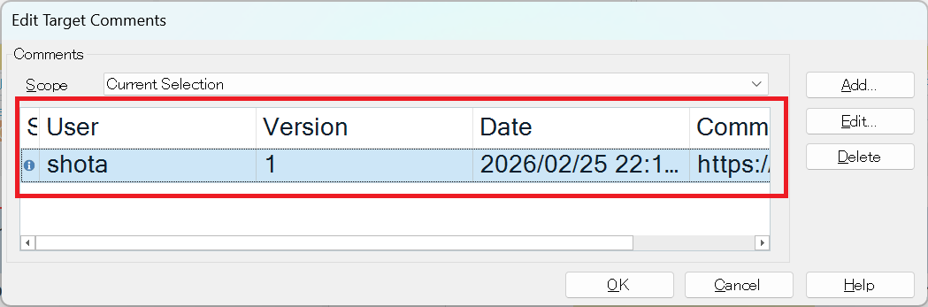 Screenshot of the Edit Target Comments window in Trados Studio 2024 SR1, showing a table with columns for User, Version, Date, and Comments, with a row highlighted in red.