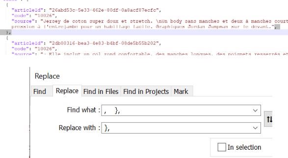 Screenshot of Trados Studio's 'Replace' function showing the 'Find what' field with ', ' and the 'Replace with' field with ','.