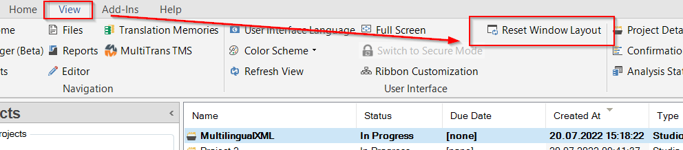 Trados Studio screenshot showing the View tab with a red box highlighting the 'Reset Window Layout' option.