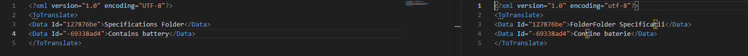 Comparison of two XML files in a code editor. Left side shows 'Specifications Folder' and 'Contains battery'. Right side shows 'FolderFolder Specificatii' and 'Contine baterie'.