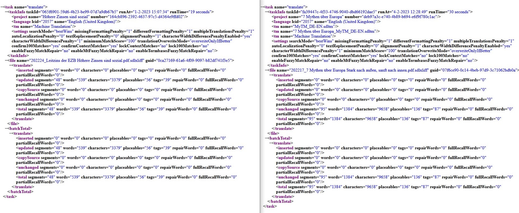 XML file comparison showing identical settings for two different translation tasks in Trados Studio.