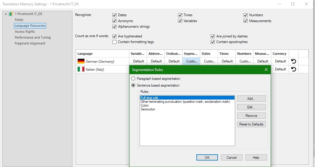 Trados Studio Translation Memory Settings window showing segmentation rules for German language with 'semicolon' rule correctly added.