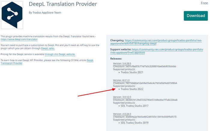 Screenshot of Deepl Translation Provider page showing version 6.0.1.0 with a red arrow pointing to 'Supported products: Trados Studio 2022'.