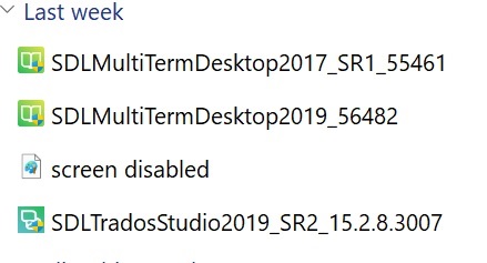 Folder view showing four items: 'SDLMultiTermDesktop2017_SR1_55461', 'SDLMultiTermDesktop2019_56482', 'screen disabled', and 'SDLTradosStudio2019_SR2_15.2.8.3007'.