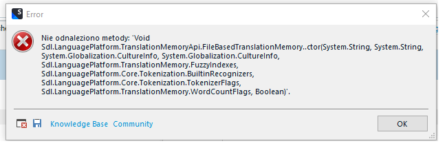 Error message in Trados Studio indicating 'Method not found' with a list of system references.