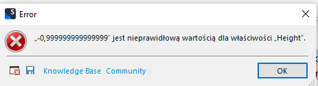 Error message in Trados Studio showing '-0,9999999999999 is an invalid value for the 'Height' property.