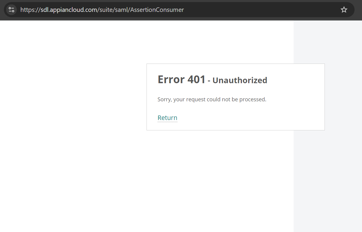 Screenshot of a web browser displaying an Error 401 - Unauthorized message on the SDL Appian Cloud website with a 'Return' button.
