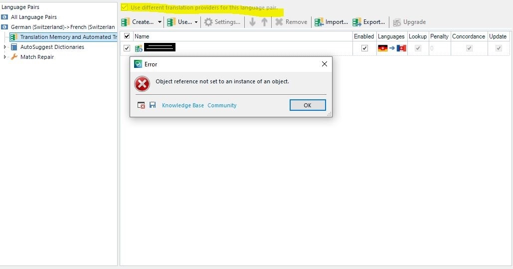 Trados Studio error message 'Object reference not set to an instance of an object' with the checkbox 'Use different translation providers for this language pair' checked and grayed out.