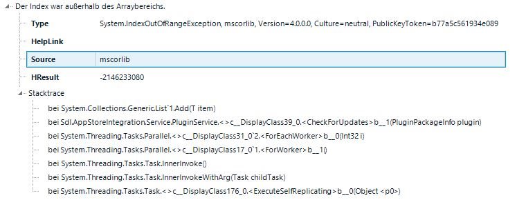 Trados Studio error dialog with 'Der Index war au erhalb des Arraybereichs' message, System.IndexOutOfRangeException, and stack trace.