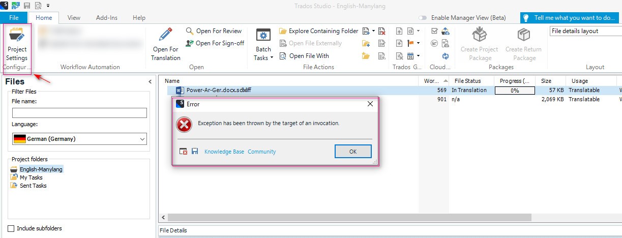 Trados Studio error message popup reading 'Exception has been thrown by the target of an invocation' with an 'OK' button, over a background of the Trados Studio interface.