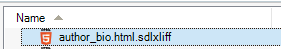 Screenshot showing a .sdlxliff file named 'author_bio.html.sdlxliff' with a warning icon in Trados Studio.