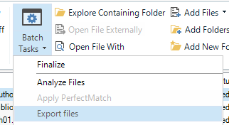 Screenshot of Trados Studio batch tasks dropdown menu with 'Export files' option highlighted.