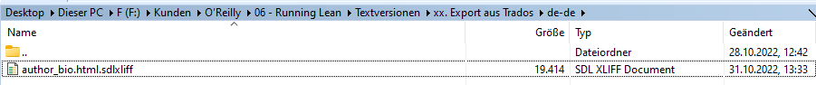 Screenshot of a file explorer window showing an exported .sdlxliff file in the wrong path 'xx. Export aus Trados' instead of the intended '04. Export aus Trados'.