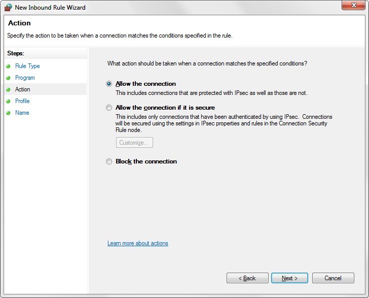 New Inbound Rule Wizard window with 'Allow the connection' option selected.