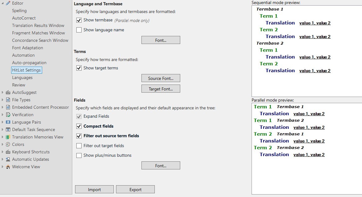 Trados Studio settings window showing 'HitList Settings' options. Includes checkboxes for 'Show termbase,' 'Show target terms,' and 'Compact fields,' with sequential and parallel mode previews.