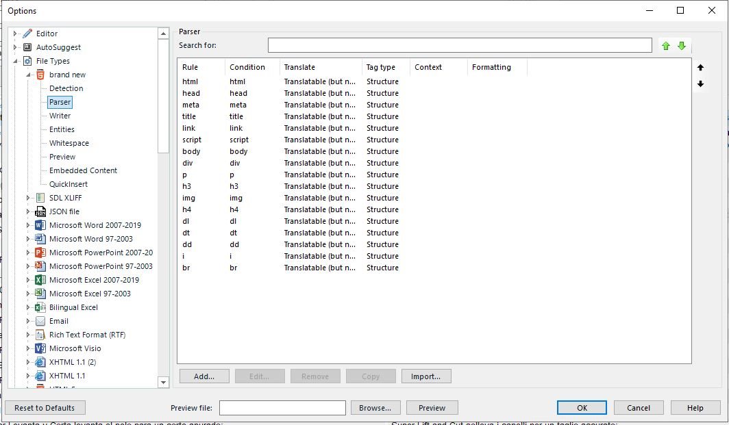 Screenshot of Trados Studio parser rules showing a list of HTML tags such as html, head, meta, title, link, script, body, div, p, h3, img, h4, dl, dt, dd, i, and br with their respective conditions and translation settings.