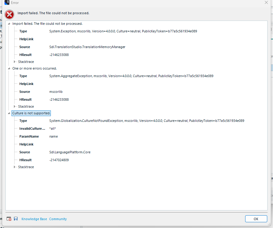 Error dialog in Trados Studio showing 'Import failed. The file could not be processed.' with details including System.Exception and Culture is not supported error.