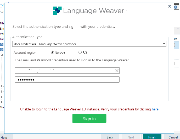 Trados Studio Language Weaver login window showing an error message 'Unable to login to the Language Weaver EU instance. Verify your credentials by clicking here' with Europe selected as the account region.