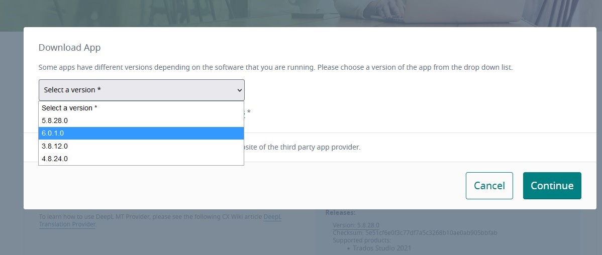 Screenshot of a dropdown menu for downloading the Deepl app with version 6.0.1.0 highlighted.