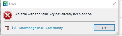 Error dialog box in Trados Studio with a red cross icon, displaying the message 'An item with the same key has already been added.' and buttons for 'Knowledge Base' and 'Community', with an 'OK' button highlighted.