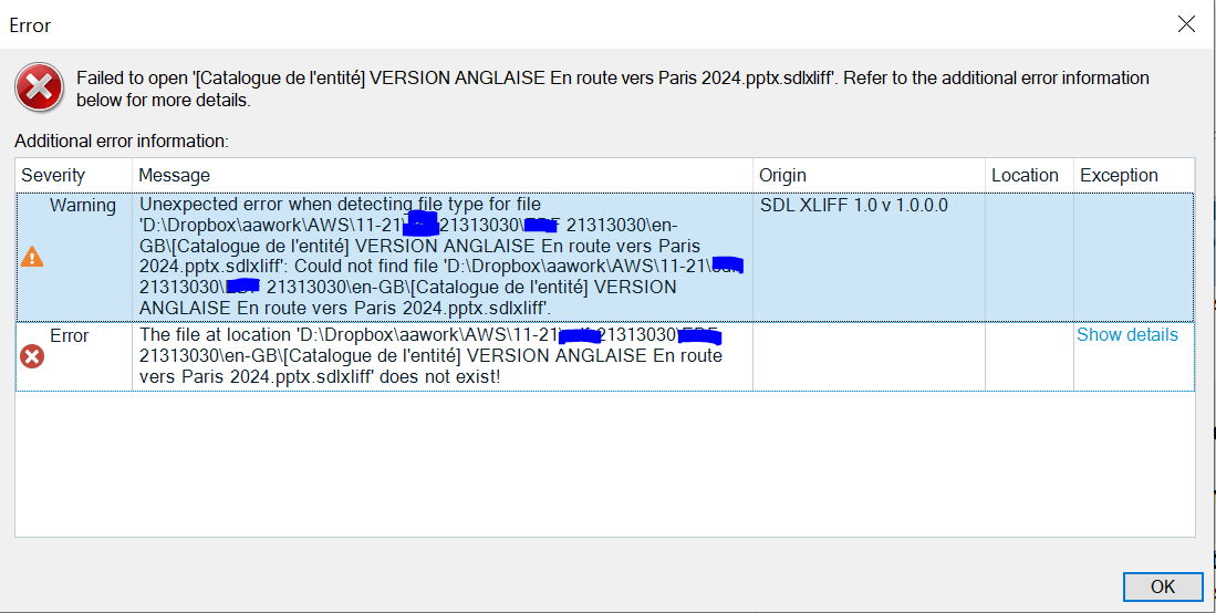 Error dialog in Trados Studio showing 'Failed to open' message for a PowerPoint file with additional error information including a warning about an unexpected error when detecting file type and an error stating the sdlxliff file does not exist.