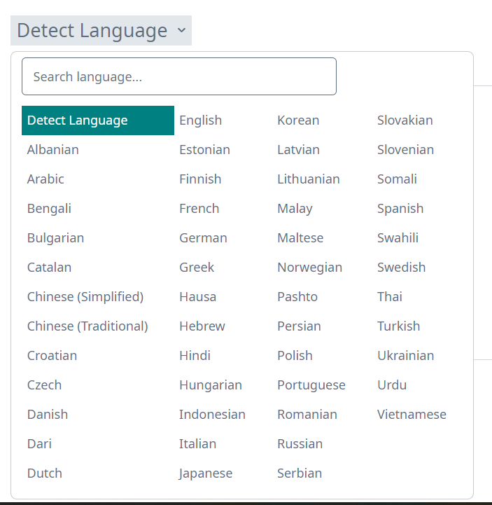 Screenshot of Trados Studio language selection menu, showing various languages but Icelandic is not listed.