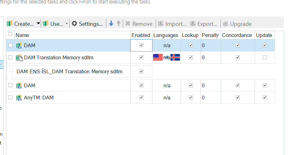 Trados Studio project settings showing translation memory resources with 'na' listed under Languages column for English-Icelandic pair.