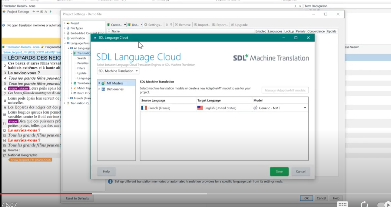 Trados Studio demo video screenshot showing 'SDL Language Cloud' option which is missing in user's settings.