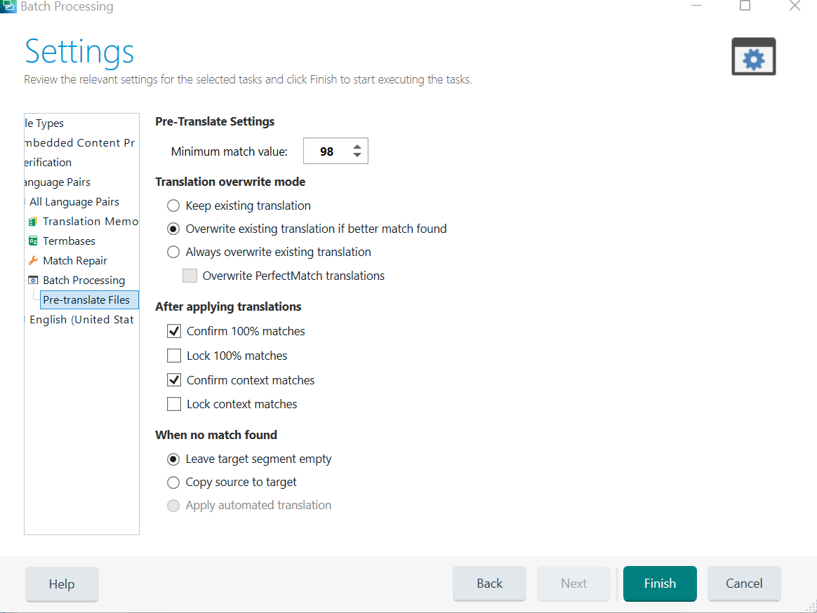 Trados Studio pre-translate settings window with 'Apply automated translation' option greyed out and unselectable.